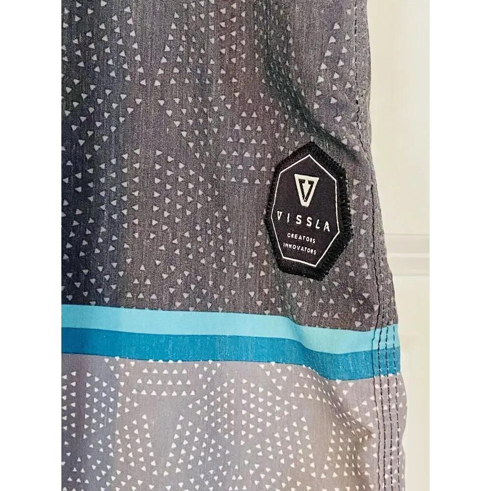 Vissla Mens Geometric Board Shorts Teal Charcoal Upcycled Coconut Stretch 34